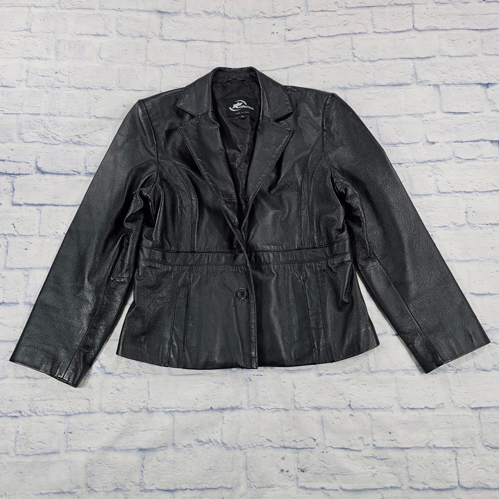 KC Collections Leather Blazer Womens XL Black Button Up Professional Chic Jacket